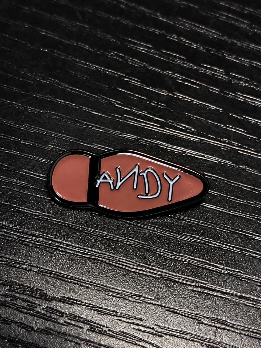 Andy Shoe Enamel Pin Funny Boot Name Tag Inspired Brown Lapel Brooch